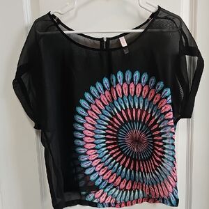 Xhilaration Black Sheer Blouse with Pink and Blue Mandala